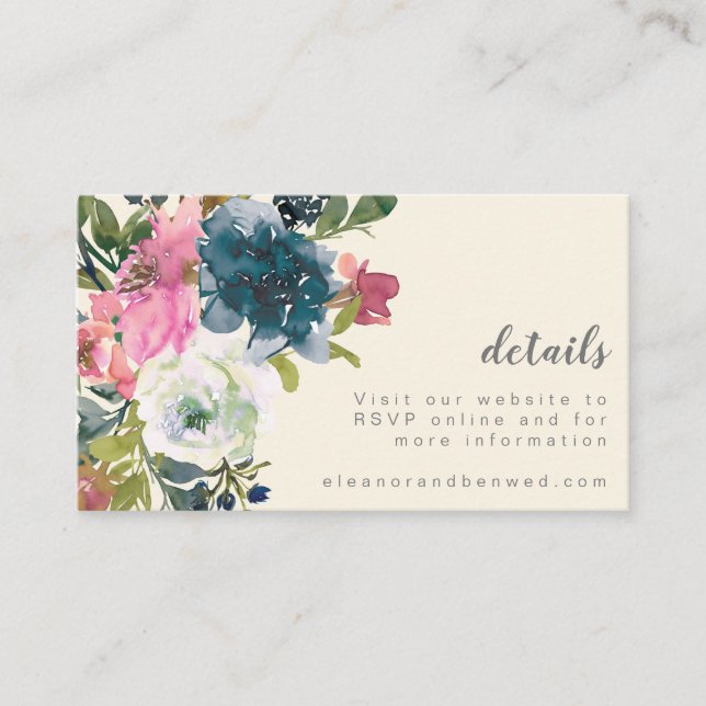 Tarjeta De Recepción Elegante sitio web de detalles de la boda acuarela (Anverso)