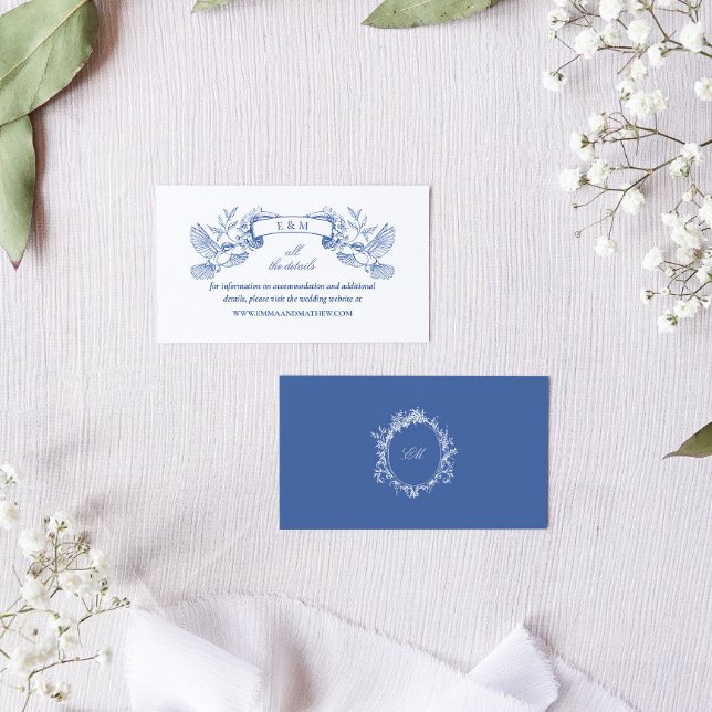 Tarjeta De Recepción Elegante sitio web de pájaros azules de tela Boda  (Details enclosure card for a blue chinoiserie wedding invitation suite)