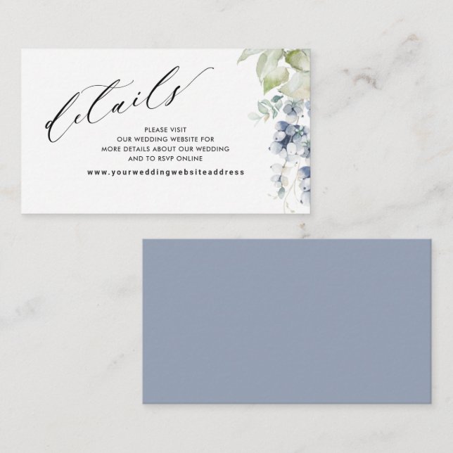 Tarjeta De Recepción Elegante sitio web del Boda Floral Azul Dusty/Deta (Anverso / Reverso)