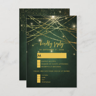 Tarjeta De Recepción Elegante Sparkling Gold String Lights Wedding RSVP