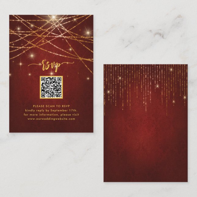 Tarjeta De Recepción Elegante Sparkling Gold String Luces QR Code RSVP (Anverso / Reverso)