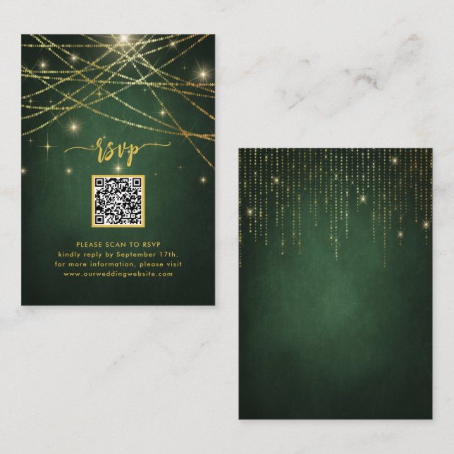 Tarjeta De Recepción Elegante Sparkling Gold String Luces QR Code RSVP (Anverso / Reverso)