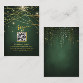 Tarjeta De Recepción Elegante Sparkling Gold String Luces QR Code RSVP