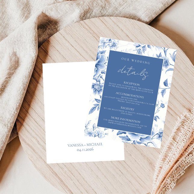 Tarjeta De Recepción Elegante tela blanca floral azul de Jouy (Subido por el creador)