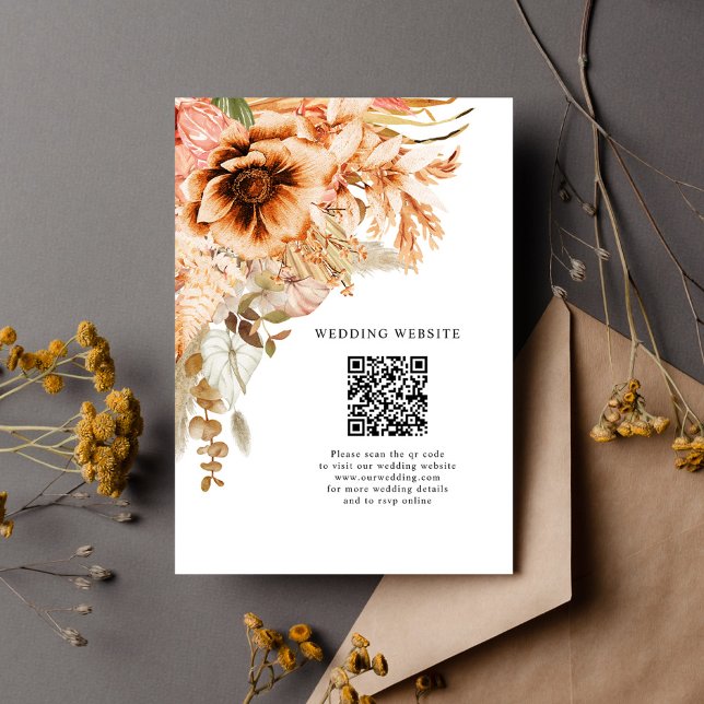 Tarjeta De Recepción Elegante Terracota Floral Código QR Boda Caída (Elegant Terracotta Floral QR Code Fall Wedding Enclosure Card)