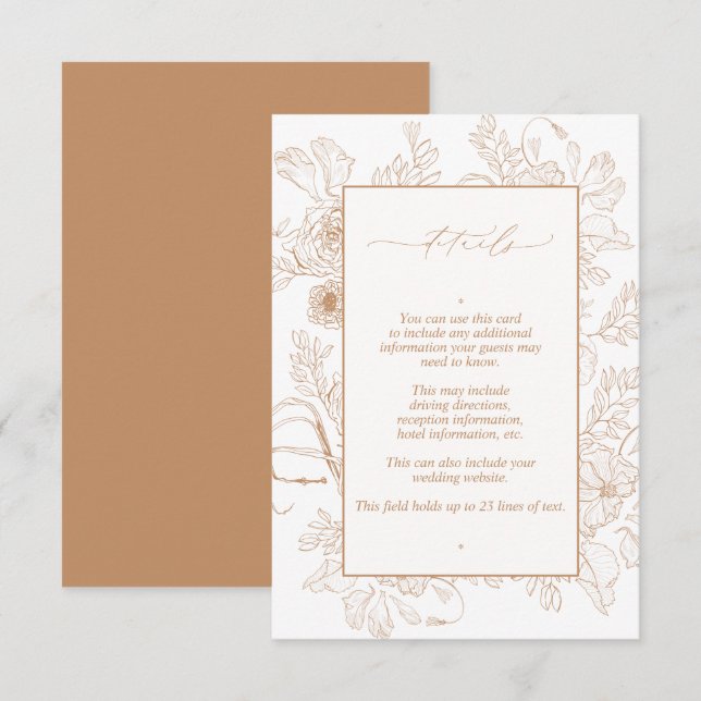 Tarjeta De Recepción Elegante Terracota Floral Line Art Boda Detalles (Anverso / Reverso)
