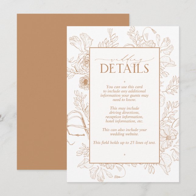 Tarjeta De Recepción Elegante Terracota Floral Line Art Boda Detalles (Anverso / Reverso)