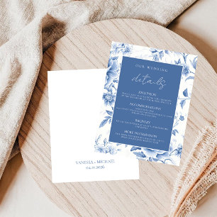 Tarjeta De Recepción Elegante Toile De Jouy Floral Azul Blanco