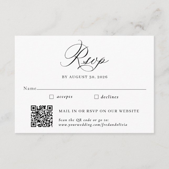 Tarjeta De Recepción Elegante tradicional y código QR Boda RSVP (Anverso)