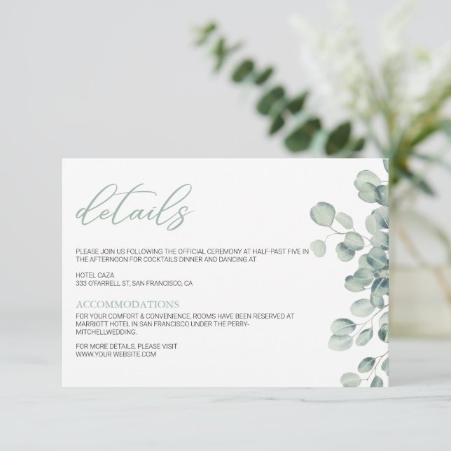 Tarjeta De Recepción Elegante vegetación Eucalyptus deja Boda (Anverso de pie)