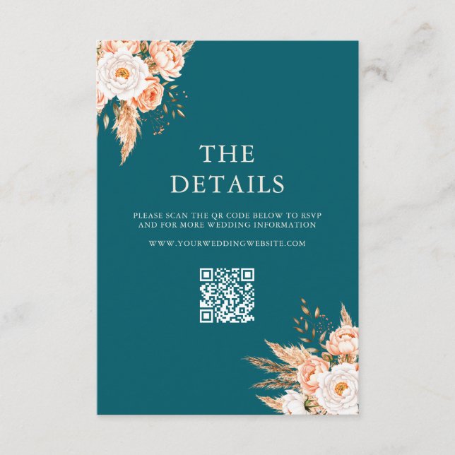 Tarjeta De Recepción Elegante Verde azulado Boho Moda Boda floral otoño (Anverso)