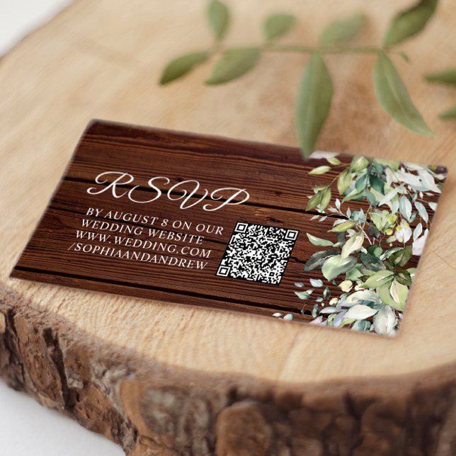 Tarjeta De Recepción Elegante verde Boda de madera rústica Código QR RS (Subido por el creador)