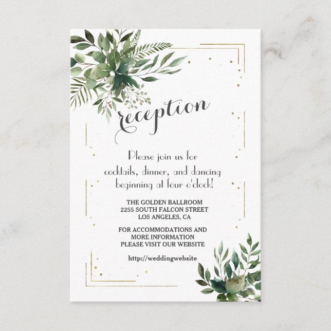 Tarjeta De Recepción Elegante verde Boda del Confeti de oro (Anverso)