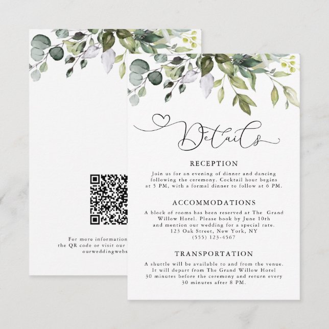 Tarjeta De Recepción Elegante Verde de Eucalipto Código QR de Boda (Anverso / Reverso)