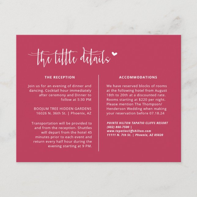 Tarjeta De Recepción Elegante Viva Magenta Boho Boda Detalles del códig (Anverso)
