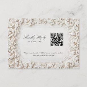 Tarjeta De Recepción Elegante y Clásico RSVP Barroco Blanco con Código 