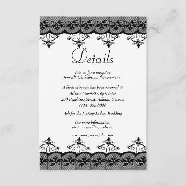Tarjeta De Recepción Elegante y elegante Boda de encaje negro detalles (Anverso)
