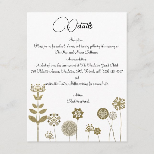 Tarjeta De Recepción Elegante y eterno minimalismo floral de oro suave (Anverso)