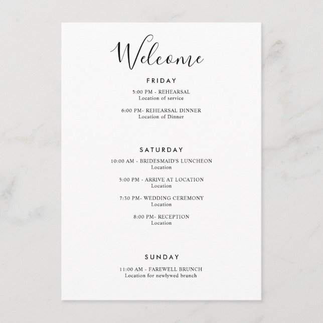 Tarjeta De Recepción Elegante y moderno bienvenida Itinerario Blanco (Anverso)