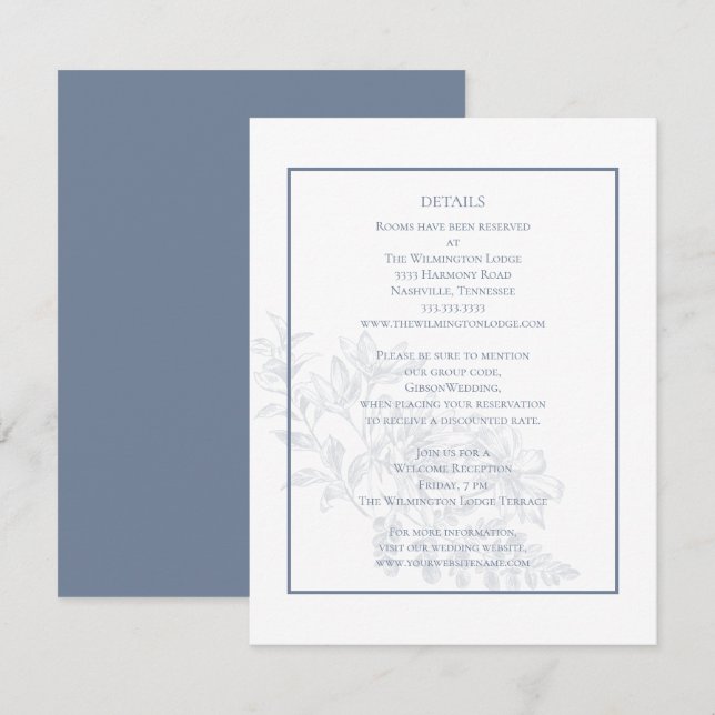 Tarjeta De Recepción Elegante y moderno Boda floral azul turbio (Anverso / Reverso)