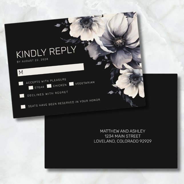 Tarjeta De Recepción Elegante y moderno matrimonio floral negro RSVP (Elegant Modern Black Floral Wedding Reply RSVP Enclosure Card)