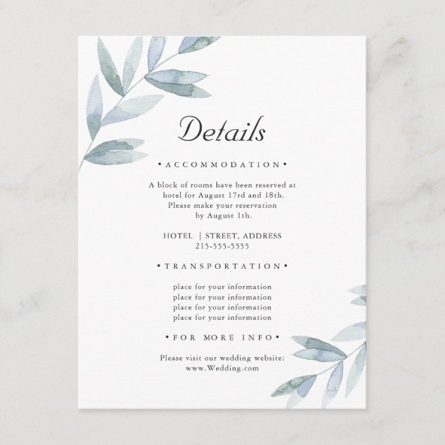 Tarjeta De Recepción Elegante y sencillo follaje. Detalles del Boda bot (Anverso)