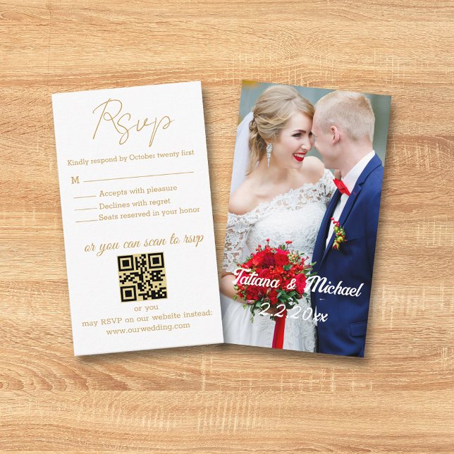 Tarjeta De Recepción elegante y simple foto de oro rsvp boda qr código  (Subido por el creador)