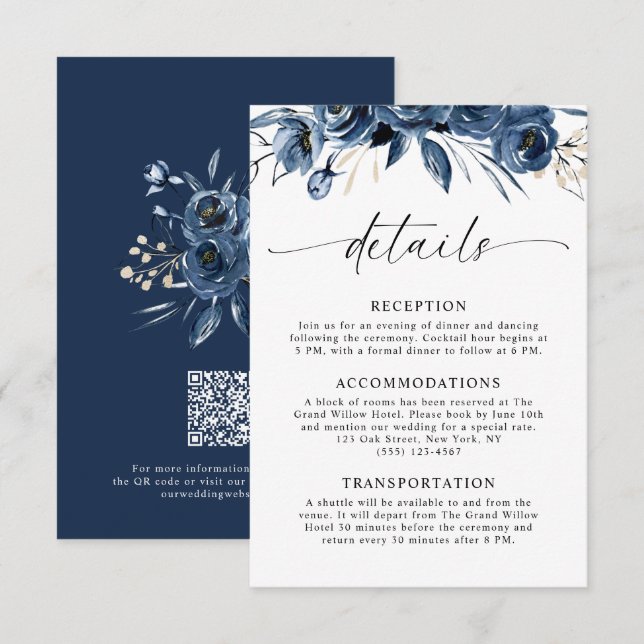 Tarjeta De Recepción Elegante y sofisticado código QR de boda con flore (Anverso / Reverso)
