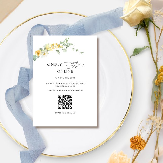 Tarjeta De Recepción Elegante Yellow Floral RSVP Online, código QR (Subido por el creador)