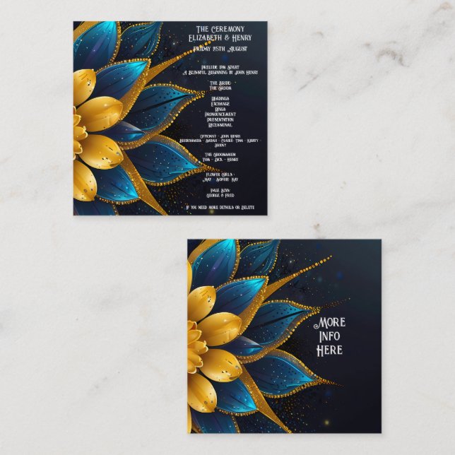 Tarjeta De Recepción Elegante zafiro y Boda floral de oro (Anverso / Reverso)