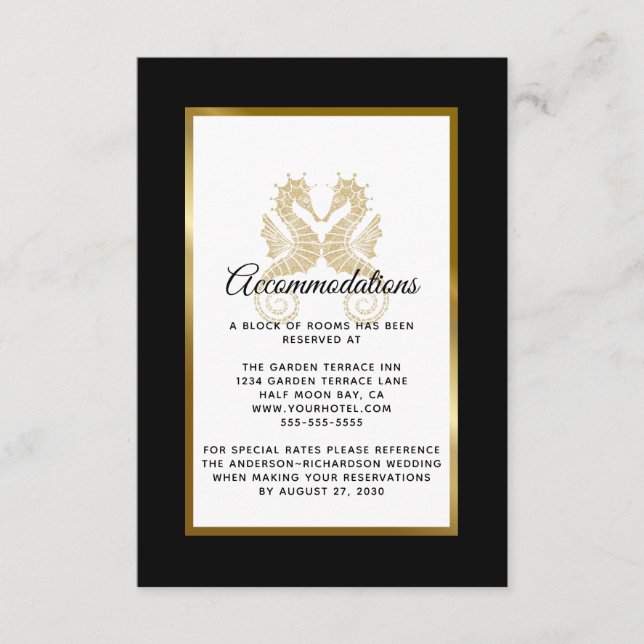 Tarjeta De Recepción Elegantes caballitos de mar de oro Boda Alojamient (Anverso)