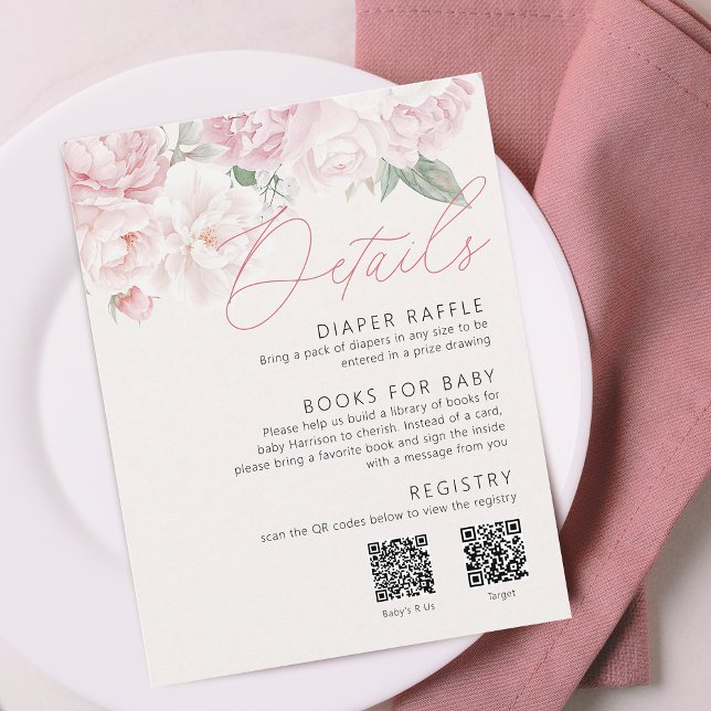 Tarjeta De Recepción Elegantes Chicas Baby Shower Detalles 2 Código QR (Elegant Peonies Girl Baby Shower Details 2 QR Code Enclosure Card)