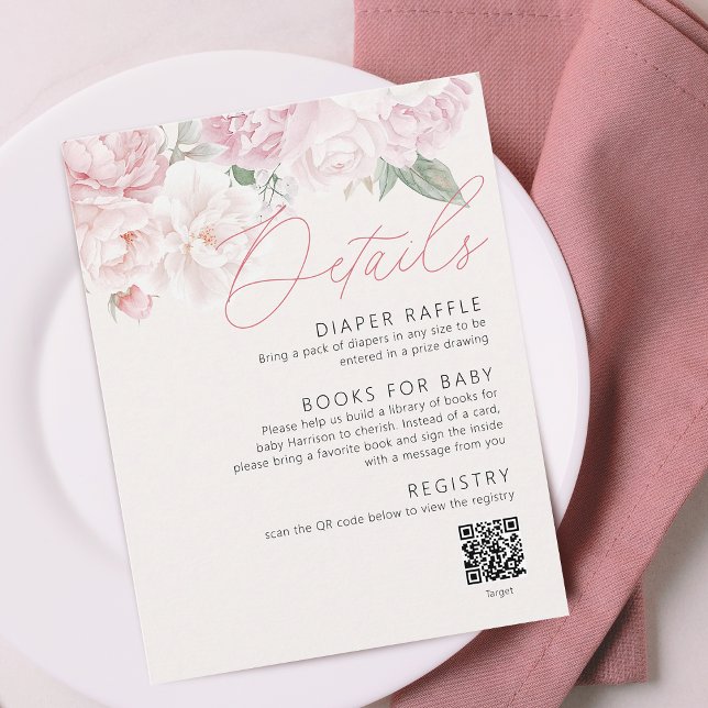 Tarjeta De Recepción Elegantes Chicas Baby Shower Detalles del código Q (Elegant Peonies Girl Baby Shower Details QR Code Enclosure Card)
