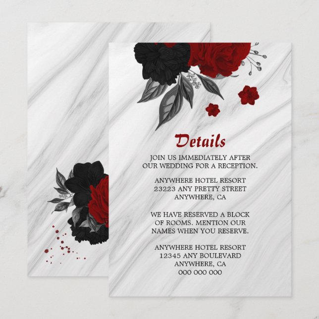 Tarjeta De Recepción Elegantes detalles de flores negras y rojas (Anverso / Reverso)