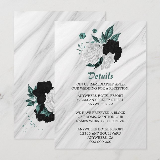 Tarjeta De Recepción Elegantes detalles de flores verde azuladas y blan (Anverso / Reverso)