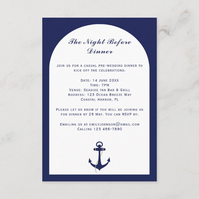 Tarjeta De Recepción Elegantes detalles de la Marina Arquea y Boda Náut (Reverso)