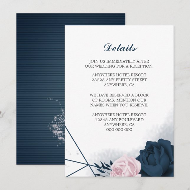 Tarjeta De Recepción Elegantes detalles de la marina y las flores rosas (Anverso / Reverso)
