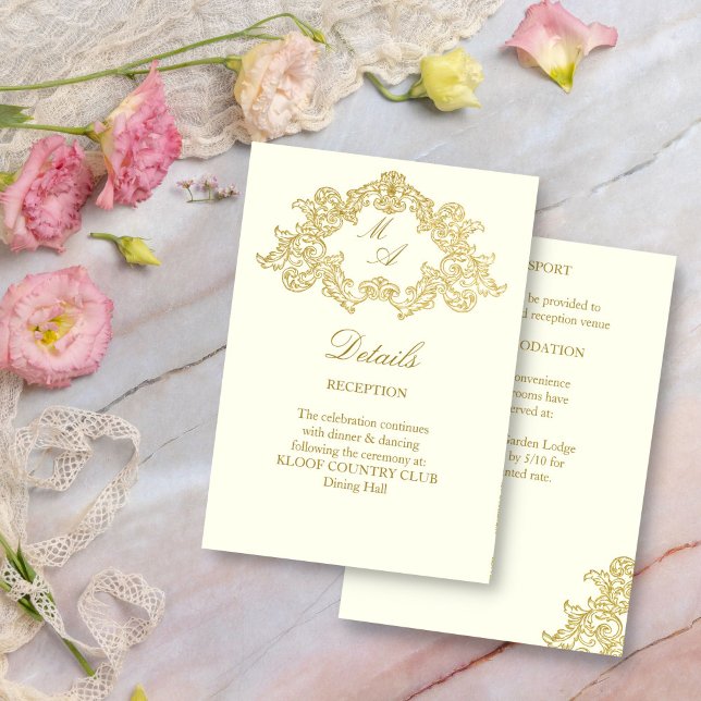 Tarjeta De Recepción Elegantes detalles de marfil y bodas doradas (Elegant ivory and gold vintage ornate frame wedding details enclosure card)