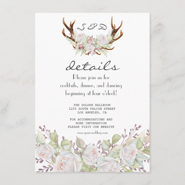 Tarjeta De Recepción Elegantes flores blancas Antlers Detalles del Boda (Anverso)