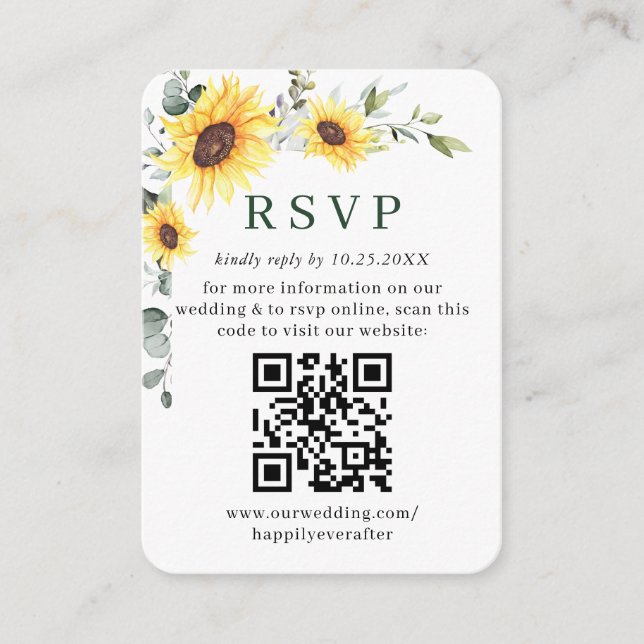 Tarjeta De Recepción Elegantes girasoles Eucalyptus Boda QR RSVP (Anverso)