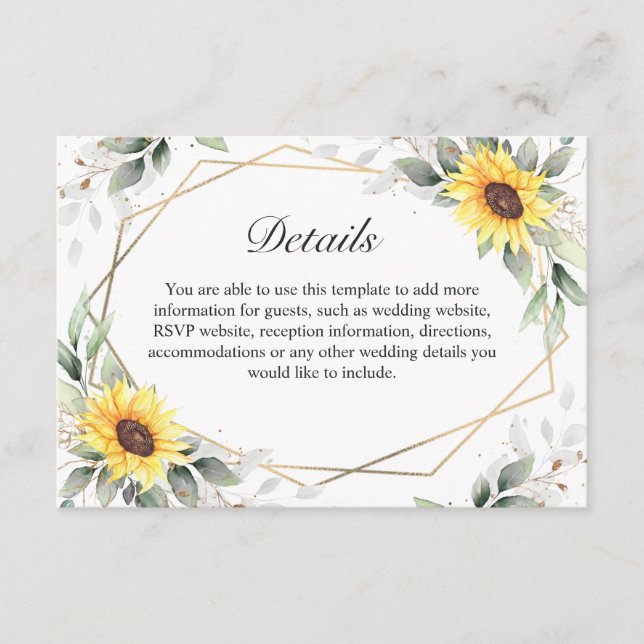 Tarjeta De Recepción Elegantes girasoles verde Boda floral detalles (Anverso)