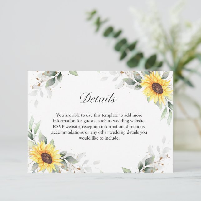 Tarjeta De Recepción Elegantes girasoles verde Boda floral detalles (Anverso de pie)