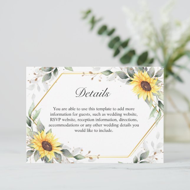 Tarjeta De Recepción Elegantes girasoles verde Boda floral detalles (Anverso de pie)