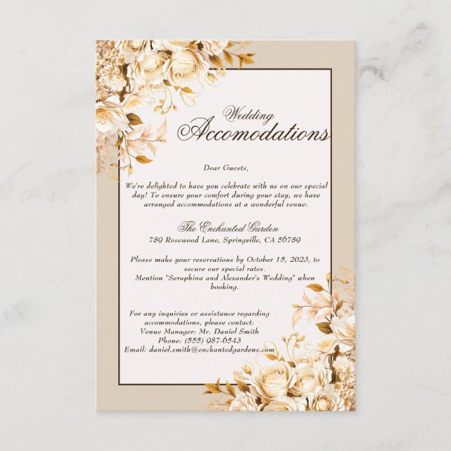 Tarjeta De Recepción Elegantes habitaciones Bodas Gold & Ivory Floral (Anverso)