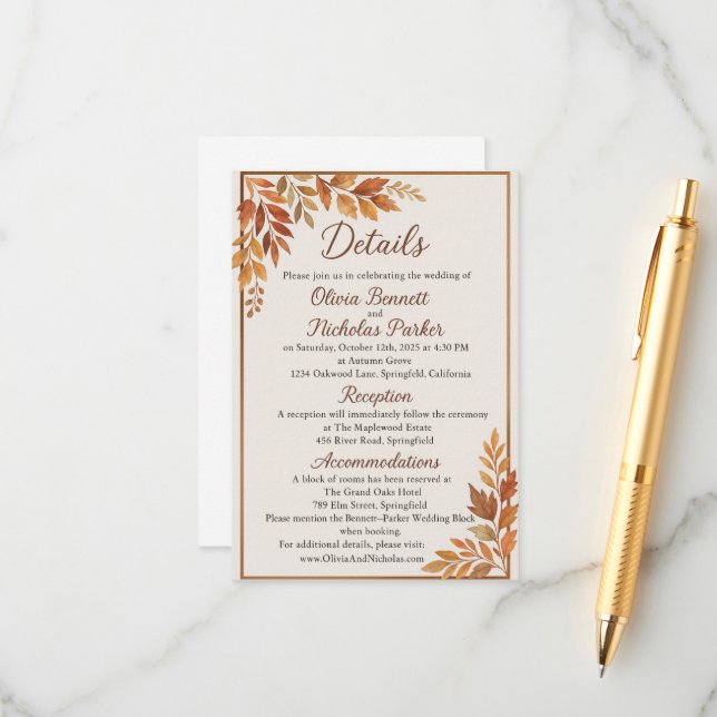 Tarjeta De Recepción Elegantes hojas de otoño y escritura de cobre otoñ (Anverso/Reverso In Situ)