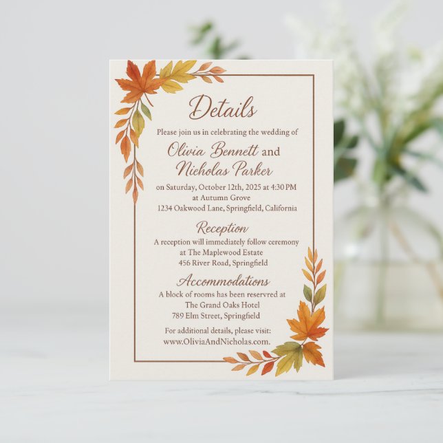 Tarjeta De Recepción Elegantes hojas de otoño y escritura de cobre otoñ (Anverso de pie)