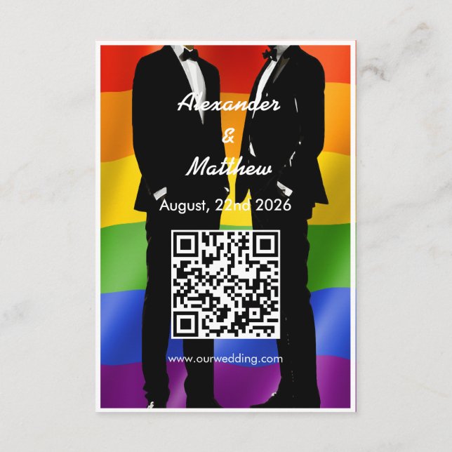 Tarjeta De Recepción Elegantes hombres gay modernos Boda código QR arco (Reverso)