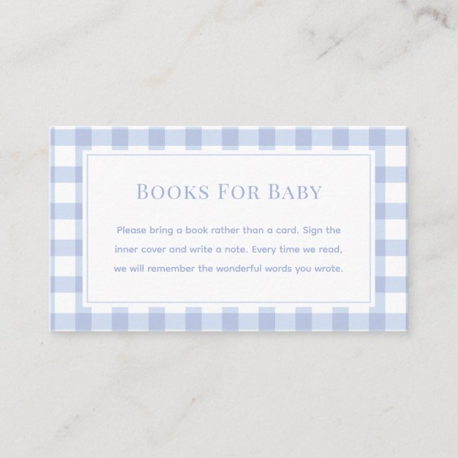 Tarjeta De Recepción Elegantes Libros De Baby Shower De Gingham Azul Pa (Anverso)