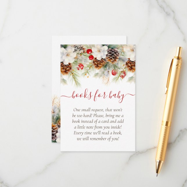 Tarjeta De Recepción Elegantes Libros Evergreen de Invierno para Bebé (Anverso/Reverso In Situ)