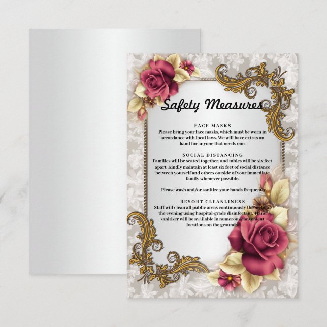 Tarjeta De Recepción Elegantes medidas de seguridad Boda de rosas rojas (Anverso / Reverso)